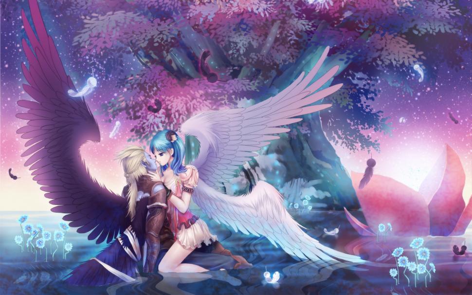 Anime girl and her lover, angel, tree, night wallpaper,Anime HD wallpaper,Girl HD wallpaper,Her HD wallpaper,Lover HD wallpaper,Angel HD wallpaper,Tree HD wallpaper,Night HD wallpaper,2880x1800 wallpaper