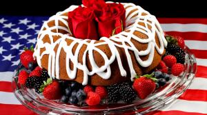 Chocolate cake, cream, red rose, blueberries, raspberries, strawberries wallpaper thumb