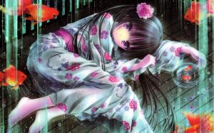 Anime girl lying on floor, kimono, fish, dream wallpaper thumb
