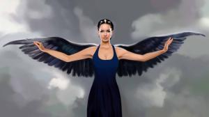 Fantasy art angel, black wings, blue dress wallpaper thumb