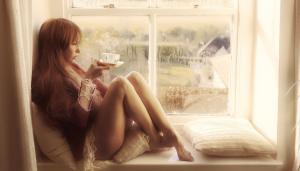 Women, Redhead, Legs, Legs Together, Long Hair, Cup, Window, Window Sill wallpaper thumb