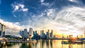 Beautiful Singapore, city, dock, skyscrapers, clouds, dawn, sunrise wallpaper thumb
