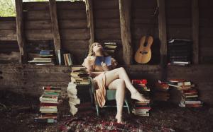 Women, Books, Guitar, Sitting wallpaper thumb
