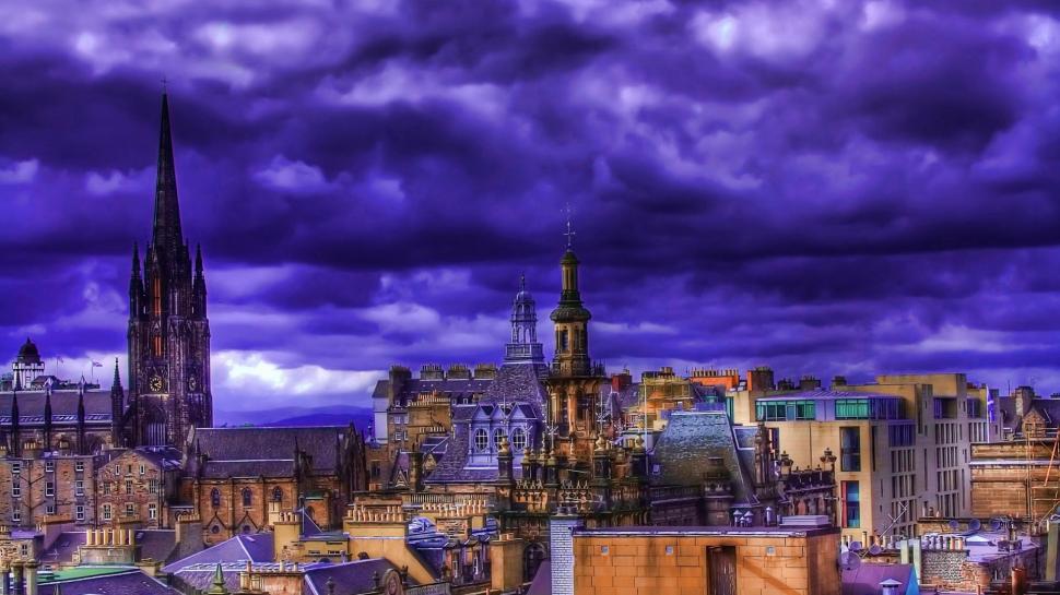 Colorful City Rooftops Hdr wallpaper,roofs HD wallpaper,city HD wallpaper,clouds HD wallpaper,storm HD wallpaper,cathedral HD wallpaper,nature & landscapes HD wallpaper,1920x1080 wallpaper