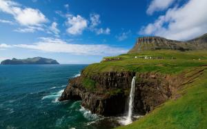 The Kingdom of Denmark, the Faroe Islands, village, mountains, waterfalls, sky, sea, blue wallpaper thumb