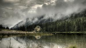 Nature, Landscape, Mist, Mountain, Lake, Forest, Trees, House wallpaper thumb