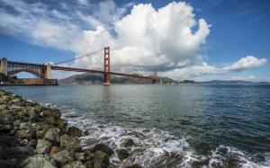Golden Gate Bridge Bridge San Francisco Clouds Ocean Rocks Stones HD wallpaper thumb