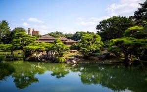Japan Ritsurin garden, pond, trees, house wallpaper thumb
