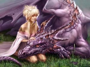 Art blonde girl with dragon wallpaper thumb