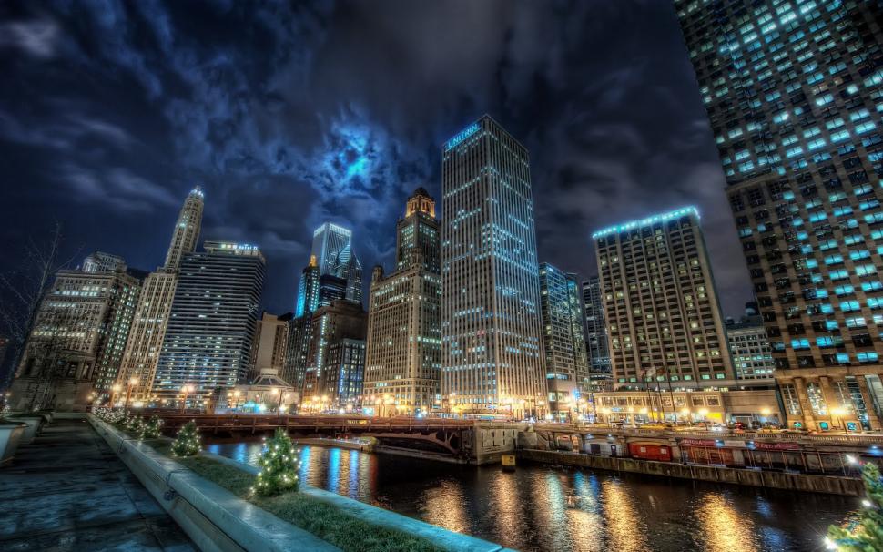 City Cityscape Night Lights Buildings Street Chicago River