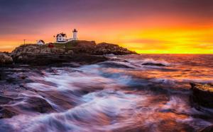 Coast, sea, lighthouse, building, sunrise, rocks, waves wallpaper thumb