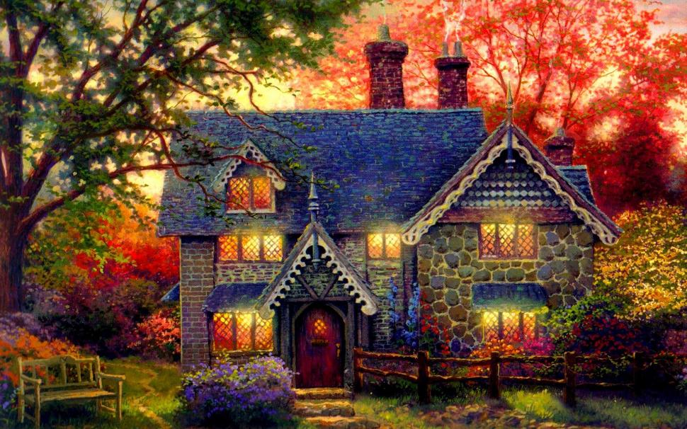 Gingerbread Cottage wallpaper,light in the windows HD wallpaper,party HD wallpaper,bench HD wallpaper,stone cottage HD wallpaper,gingerbread cottage HD wallpaper,thomas kinkade HD wallpaper,cottage HD wallpaper,1920x1200 wallpaper
