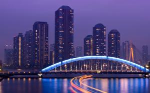 Tokyo, Japan, metropolis, skyscrapers, night, lights, bridge, river wallpaper thumb
