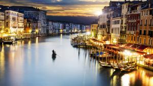 Venice, Italy, city, evening, buildings, illumination, river, boats wallpaper thumb