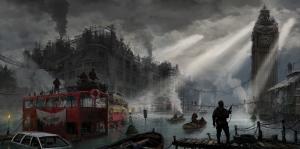 Apocalyptic, London, Artwork, Dystopian, Bus, River, Boats wallpaper thumb