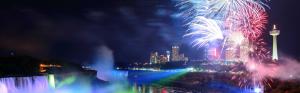 Niagara Falls, Canada, waterfalls, city night, lights, fireworks wallpaper thumb