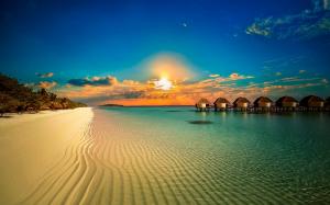 Landscape, Nature, Beach, Resort, Palm Trees, Sunset, Clouds, Tropical, Sea, Sand, Island, Calm, Water, Summer, Bungalow wallpaper thumb