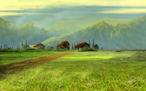 Art Painting Rustic Architecture Buildings Houses Village Mountains Spring Sky Desktop Photo wallpaper thumb