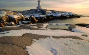 Lighthouse Snow Winter Rocks Stones HD wallpaper thumb