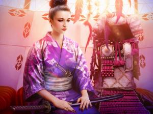 Fantasy beautiful kimono girl, purple, katana, armor wallpaper thumb