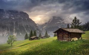 Nature, Landscape, Mountain, Hut, Clouds, Trees, Grass, Sunrise, Switzerland, Mist wallpaper thumb