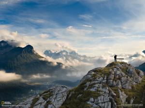 Person Bench Landscape Mountains Clouds HD wallpaper thumb
