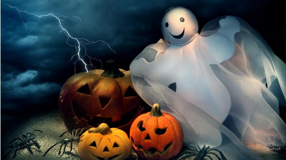 Happy Halloween Ghost wallpaper,halloween HD wallpaper,jack o lanterns HD wallpaper,cute HD wallpaper,whimsical HD wallpaper,happy HD wallpaper,lightning HD wallpaper,ghost HD wallpaper,pumpkins HD wallpaper,spiders HD wallpaper,3d & abstrac HD wallpaper,1920x1080 wallpaper