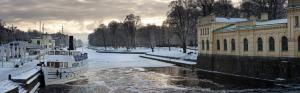 Winter, river, boats, snow, houses, Uppsala, Sweden wallpaper thumb