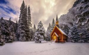 Winter, trees, mountains, snow, hut wallpaper thumb