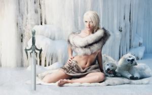 Fantasy girl warrior, sword, snow ice, white wolves wallpaper thumb