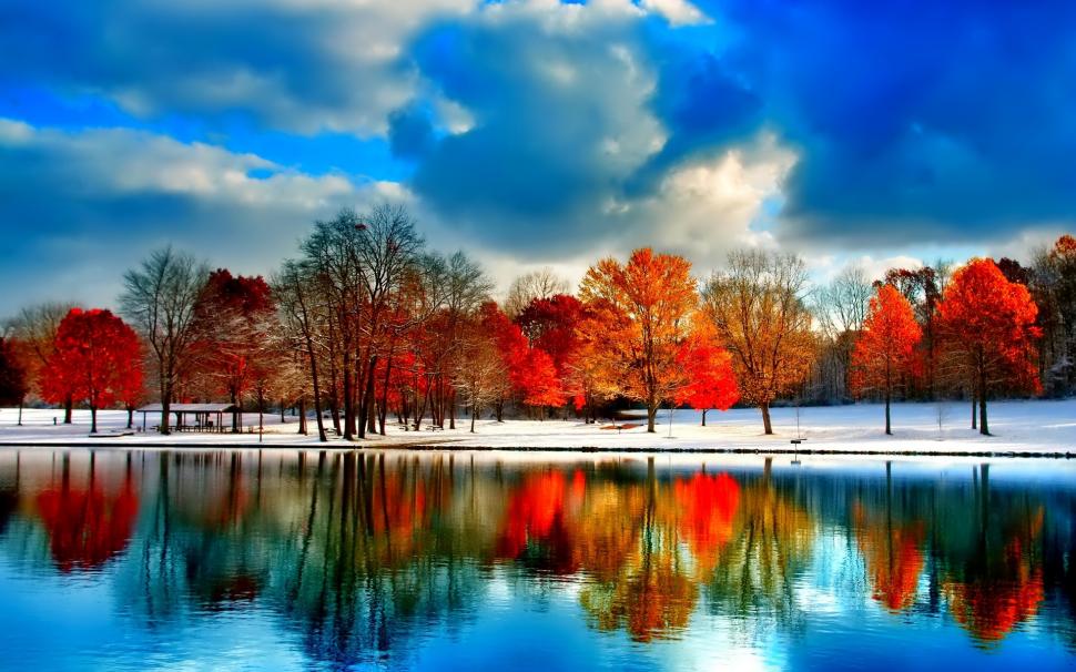 Clouds, river, snow, trees, autumn wallpaper,Clouds HD wallpaper,River HD wallpaper,Snow HD wallpaper,Trees HD wallpaper,Autumn HD wallpaper,1920x1200 wallpaper