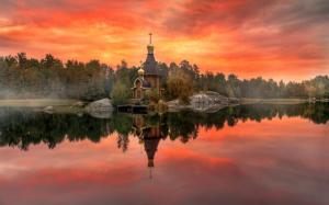 Karelia, Russia, autumn, temple, red sky, river, trees, dusk wallpaper thumb