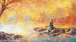Beautiful, fall, river, girl, waiting, desktop wallpaper thumb