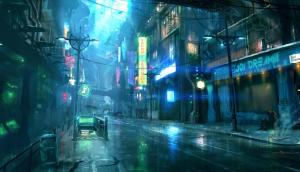 neon light, rain, science fiction, digital art, street wallpaper thumb