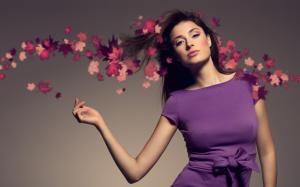 Woman, Leaves, Makeup, Purple Dresses, Wind wallpaper thumb