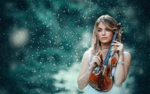 Girl, violin, snow, winter wallpaper thumb