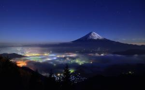 Nature, Landscape, Starry Night, Mountain, Cityscape, Mist, Snowy Peak, Light, Strees, Mount Fuji, Japan wallpaper thumb