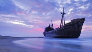 Old ship, sea, coast, evening wallpaper thumb