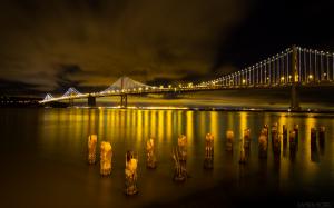 Oakland Bridge Bridge San Francisco Ocean Posts Night Lights HD wallpaper thumb