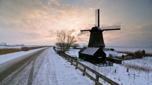 In winter, road, windmill, mill, sunset, landscape desktop wallpaper thumb
