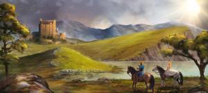 Fantasy, Prince, Princess, Horses, Hills, River wallpaper thumb