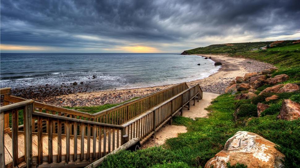 Wooden Walkway To The Beach Hdr wallpaper,beach HD wallpaper,wooden HD wallpaper,walkway HD wallpaper,rocks HD wallpaper,clouds HD wallpaper,nature & landscapes HD wallpaper,1920x1080 wallpaper