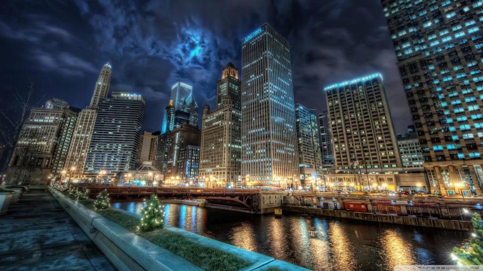 Downtown Chicago At Night Hdr wallpaper,river HD wallpaper,night lights HD wallpaper,city HD wallpaper,nature & landscapes HD wallpaper,1920x1080 wallpaper