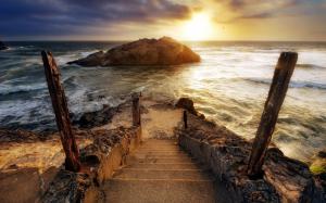 Stairs Steps Ocean Sunset Sunlight Coast HD wallpaper thumb