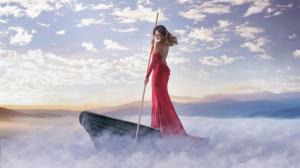 Red dress girl, boat, fog, clouds, coast wallpaper thumb