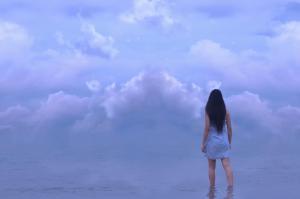 girl, sea, horizon, sky, clouds wallpaper thumb