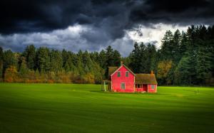 Canada, British Columbia, cloudy sky, forest, farm, red house wallpaper thumb