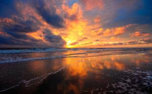 Beach, sea water, fire red clouds sky, beautiful sunset views wallpaper thumb