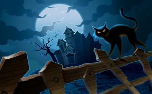 Halloween, Holidays, Cat, Fence, Castle, Moonlight , Cartoon, Village wallpaper thumb