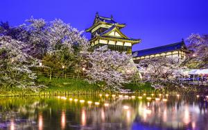 Koriyama Castle, Yamatokoriyama, Japan, pond, trees, cherry, night wallpaper thumb